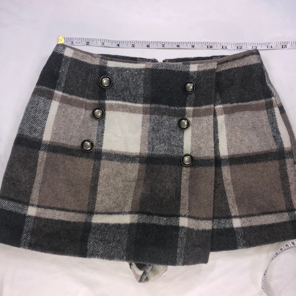 Forever 21 Plaid Wool Blend Skort Grey Brown Button Front Mini Skirt Shorts S - Picture 4 of 10